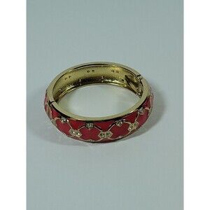 Vintage Pink Enamel Gold Tone Clamper Beautiful Pattern Bangle Bracelet Bling